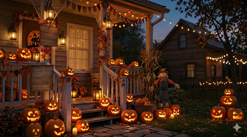 a porch lined with pumpkins on halloween night